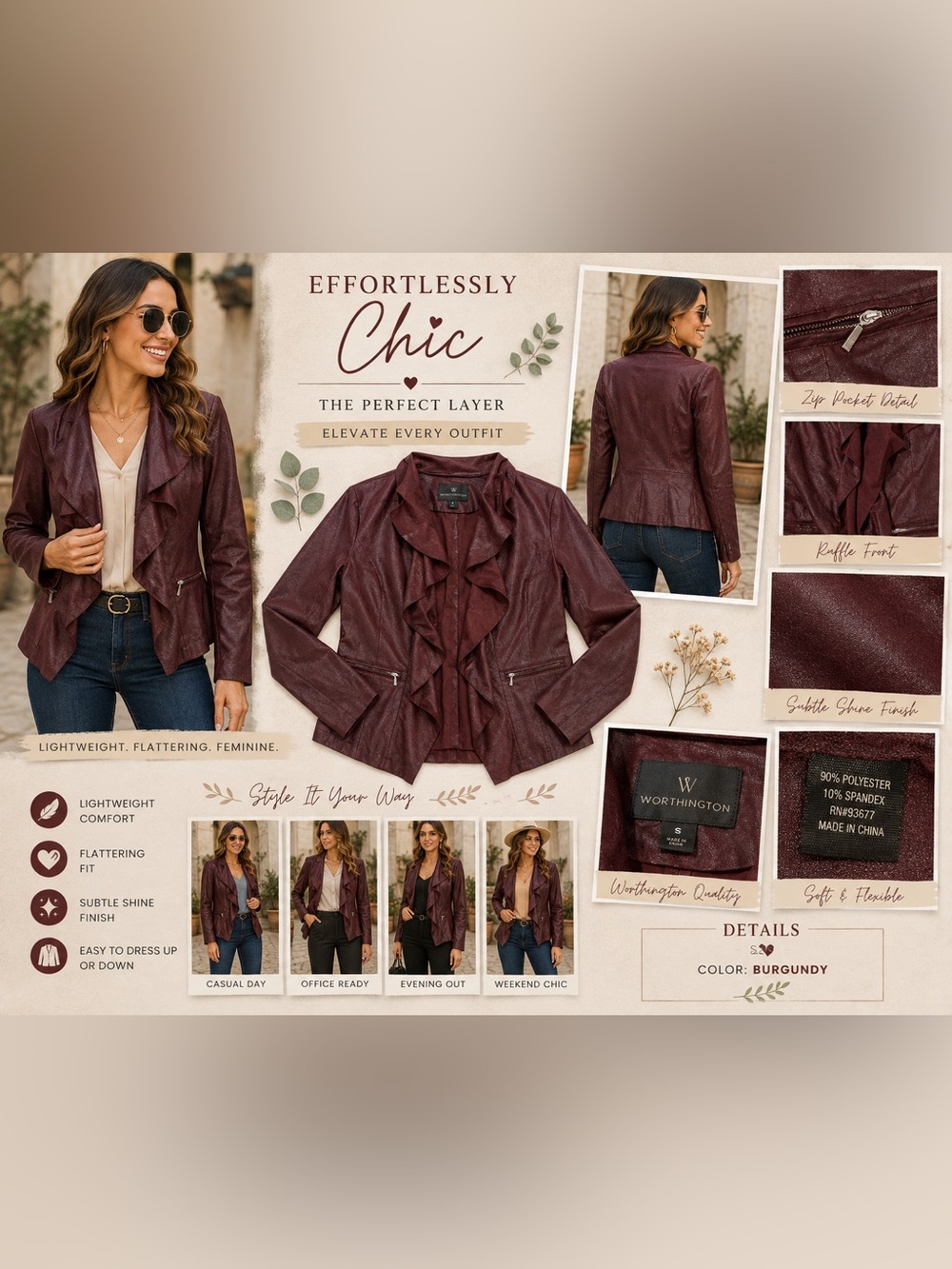 Worthington Burgundy Faux Suede Ruffle Moto Jacket Size Small